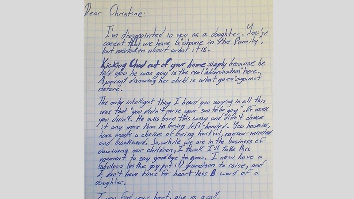 Carta de un padre a su hija en la que recrimina haber repudiado a su nieto por ser gay