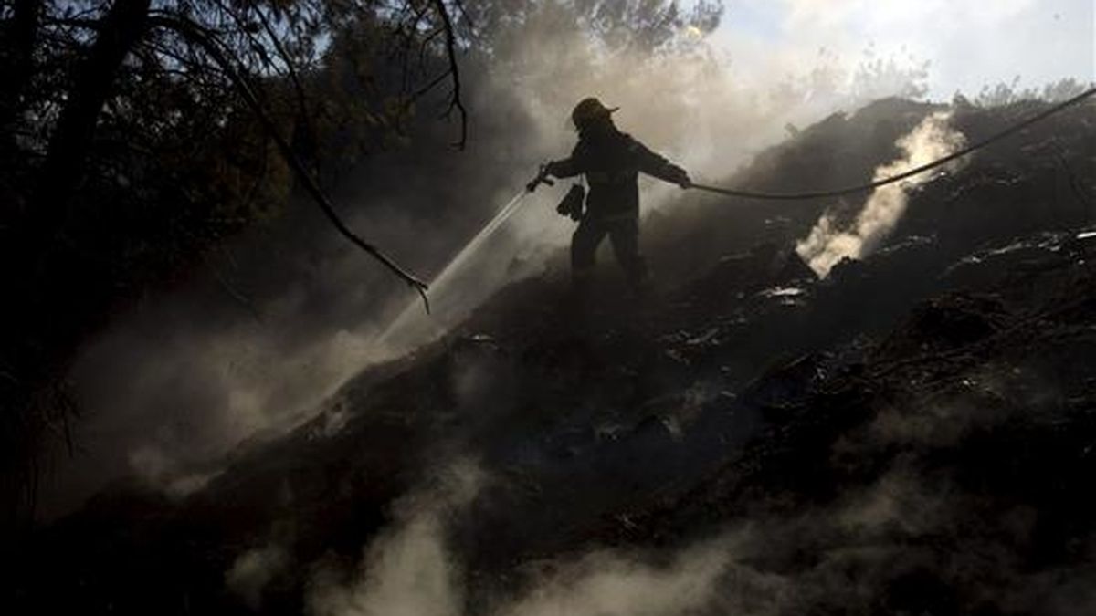 Un bombero refresca el terreno, donde aún sale humo, cerca de la localidad israelí Ein Hod, a las afueras de Haifa. EFE