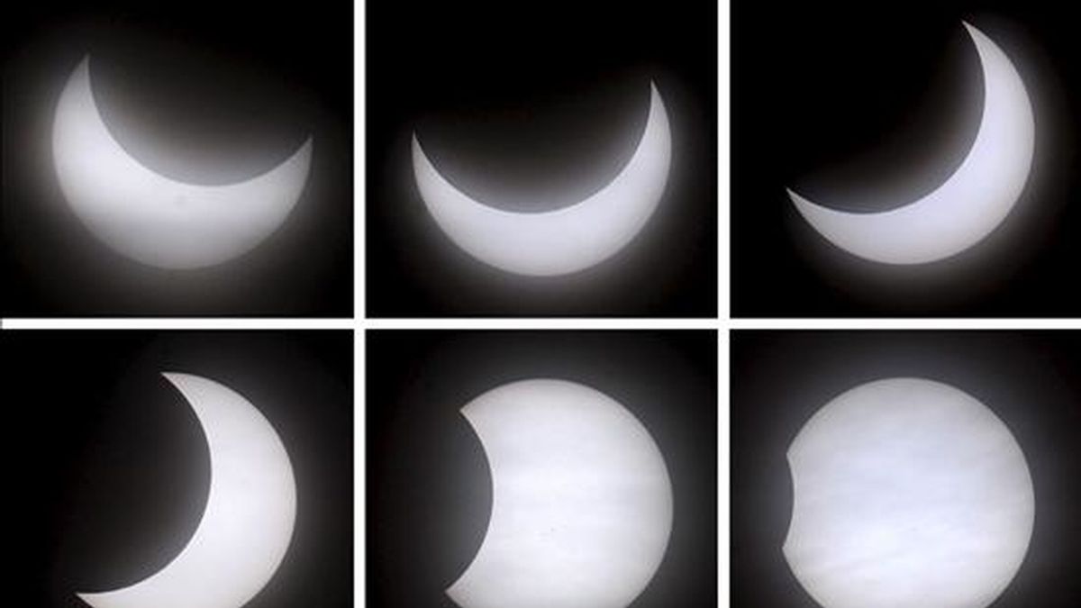 Combo fotográfico que muestra las distintas fases de un eclipse solar parcial que se ha producido hoy a primera hora de esta mañana en Garmisch-Partenkirchen (Alemania). El fenómeno se ha podido apreciar en toda Europa, el norte de África y parte de Asia central. EFE