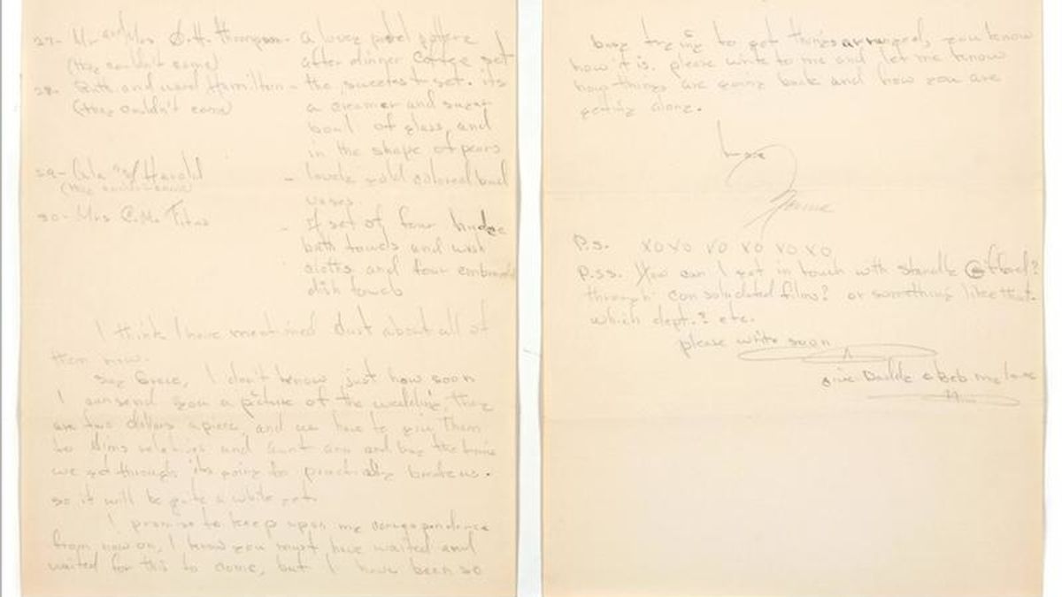 Imagen cedida este 20 de abril de una carta de Marilyn Monroe a los 16 años (firmada como Norma Jeane, su nombre real) en la que describe su boda con Jim Dougherty, uno de los 600 objetos del Hollywood dorado que hoy subasta la casa Bonhams and Butterfields. EFE