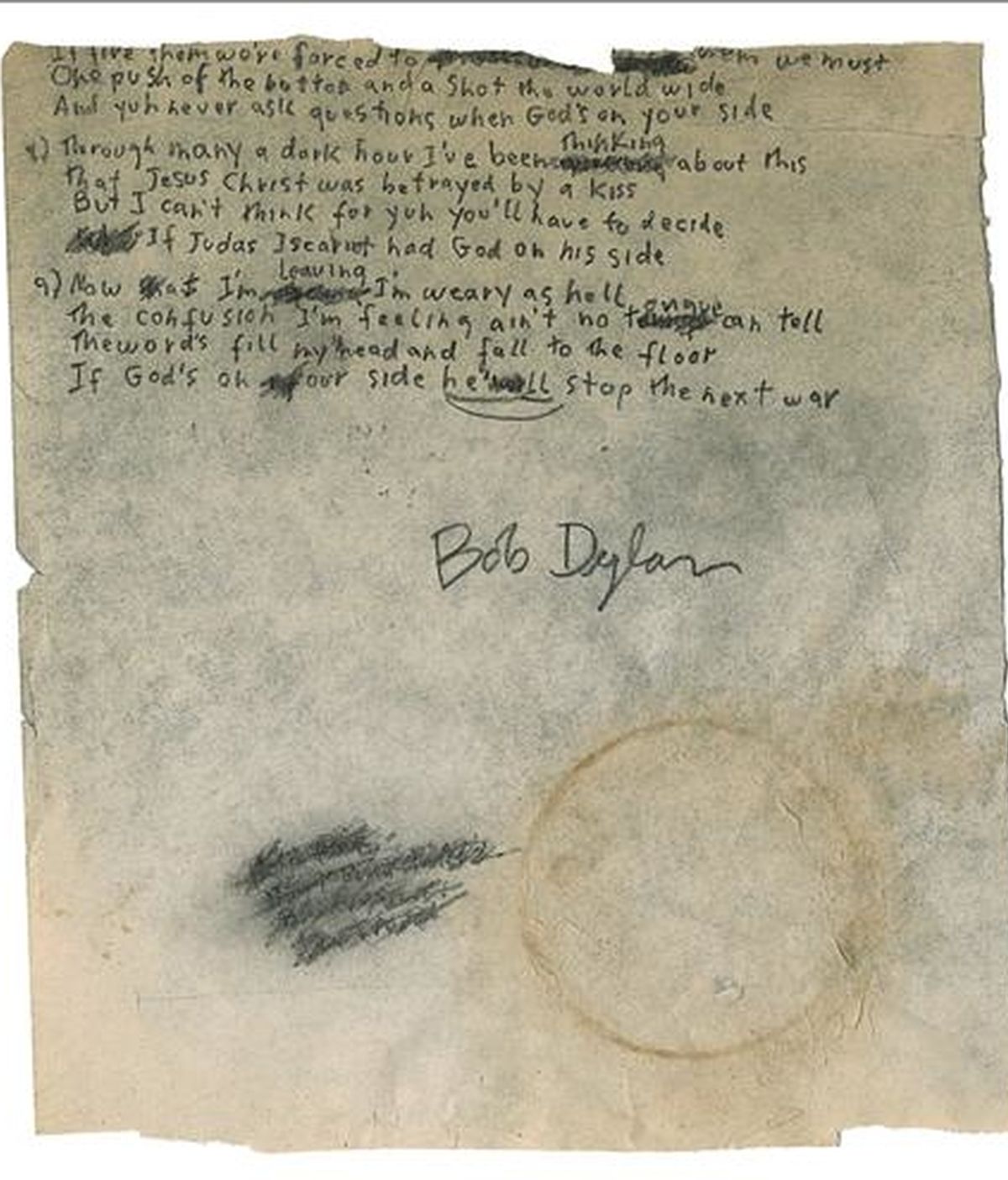 Fotografía cedida este martes donde se muestra el manuscrito de Bob Dylan con la letra de "With God On Our Side", subastada por 25.000 dólares este martes en la casa Christie's, en Nueva York (NY, EEUU). EFE