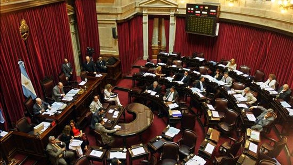 Aspecto de la sesión del Senado en Buenos Aires (Argentina), que convalidó el adelantamiento de las elecciones legislativas al 28 de junio próximo, cuatro meses antes de lo previsto. EFE