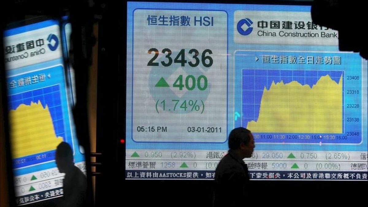 Un hombre camina junto a una pantalla informativa de los valores del índice Hang Seng en un banco en Hong Kong (China). EFE/Archivo