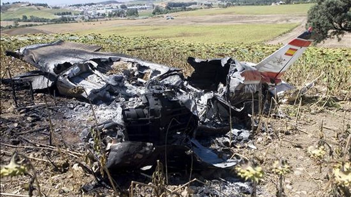 Estado en el que quedó la avioneta que la pasada  madrugada se estrelló en la zona del camino de Gatera, en el término municipal de Villamartín (Cádiz). EFE