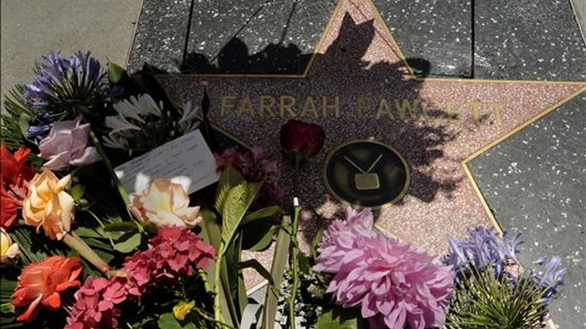 Un conjunto de flores adornan la estrella de la actriz estadounidense Farrah Fawcet en Hollywood Boulevard en Los Ángeles, quien falleció el pasado jueves a los 62 años de edad tras una larga lucha contra el cáncer. EFE