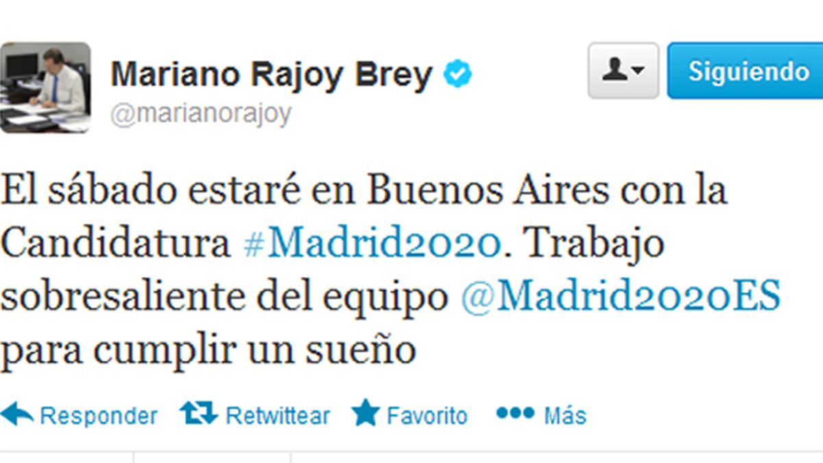 Rajoy elogia el "trabajo sobresaliente" de la candidatura de Madrid 2020