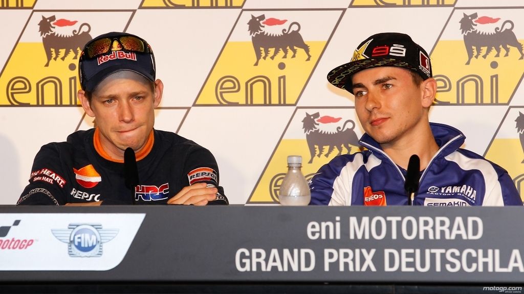 Casey Stoner y Jorge Lorenzo durante la rueda de prensa del GP de Alemania