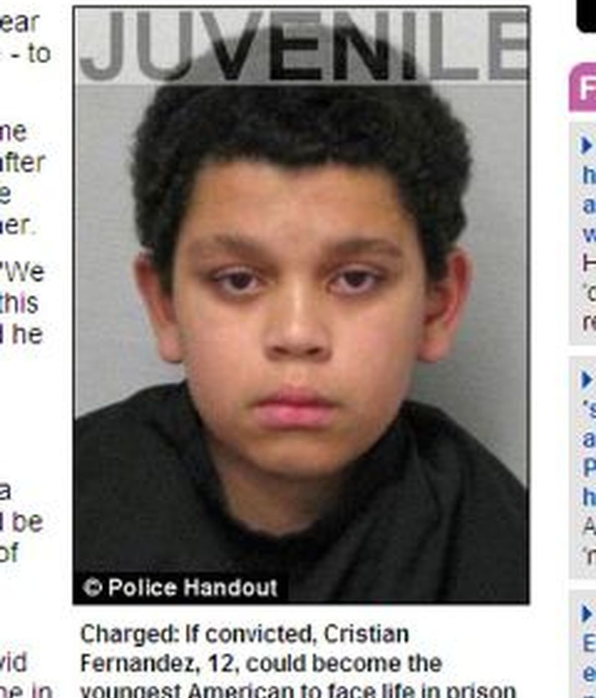 Cristian Fernández, de 12 años, podría pasar el resto de su vida en prisión tras matar a su hermano pequeño. Foto: Dailymail.