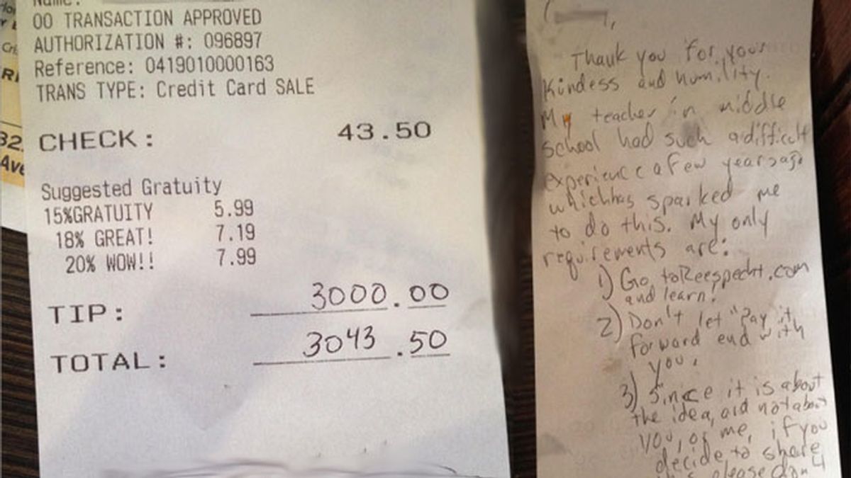 Deja más de 2000 euros de propina en un restaurante a una camarera desahuciada