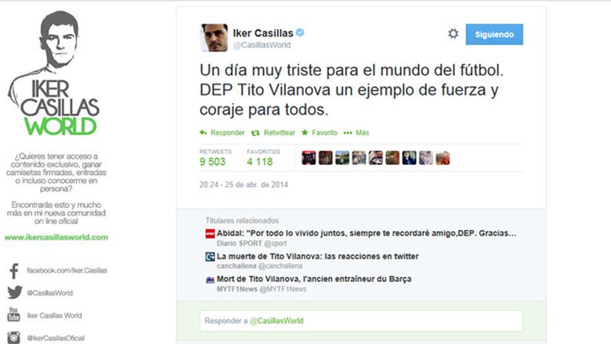 Casillas llora la muerte de Tito Vilanova en Twitter