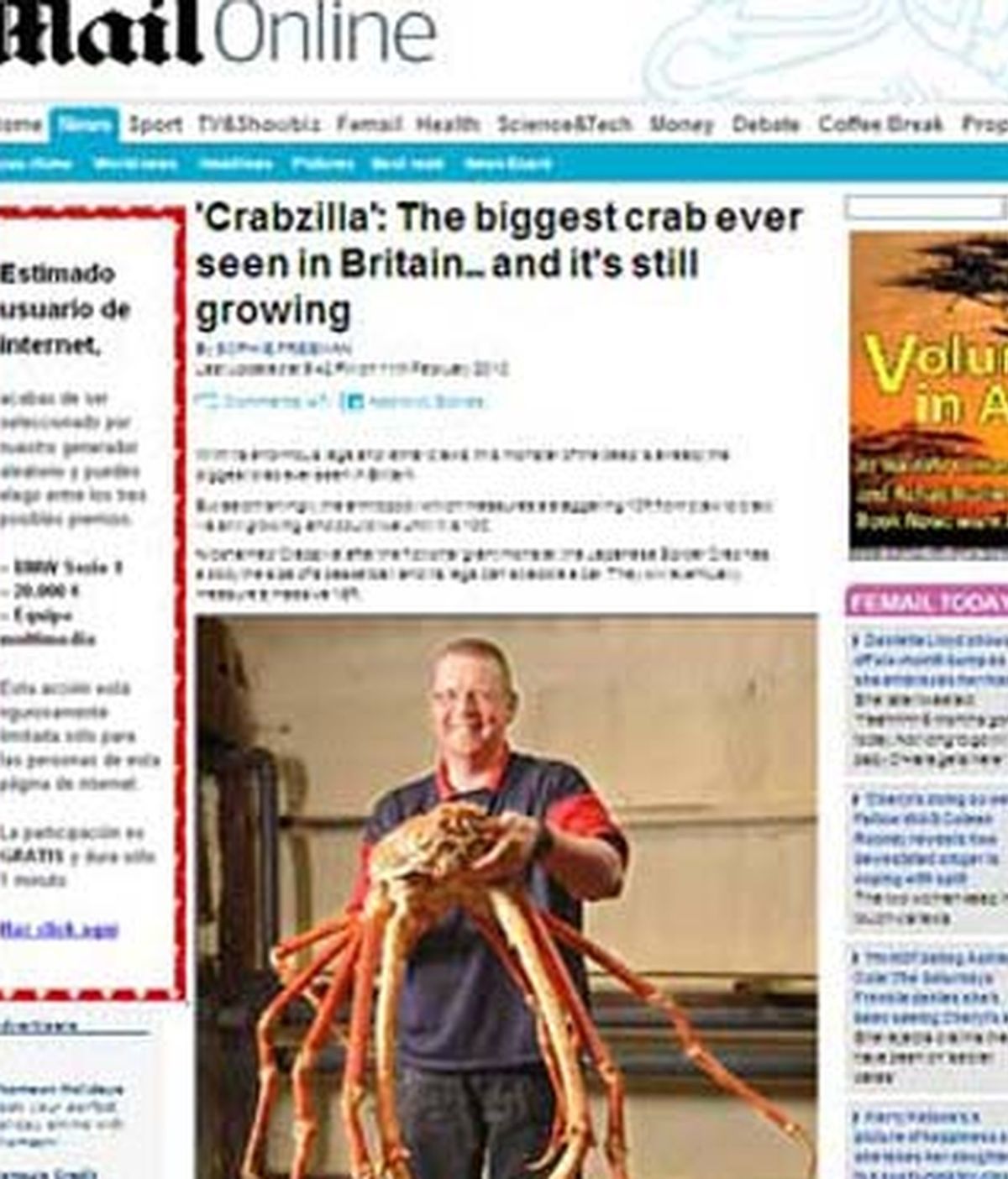 "Crabzilla" ha vivido desde febrero en un acuario de Reino Unido. Foto: Daily Mail