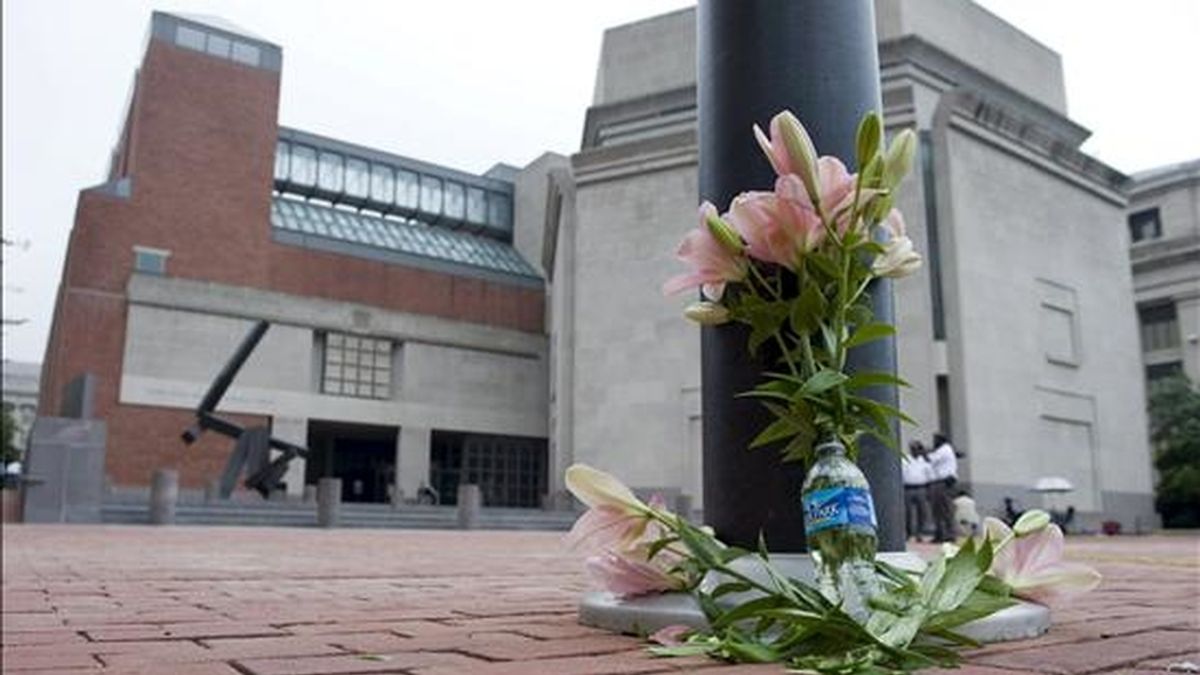 Detalle de varias flores en recuerdo del guarda de seguridad Stephen Johns, a las afueras del Museo del Holocausto en Washington, EEUU. EFE