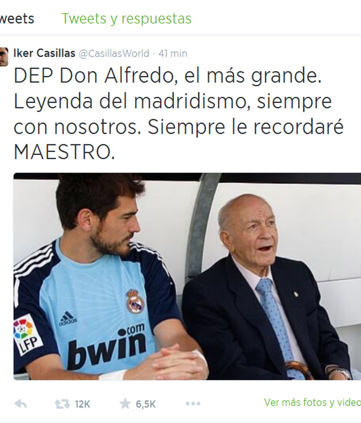 Mensaje de Iker Casillas en Twitter por la muerte de Alfredo Di Stéfano