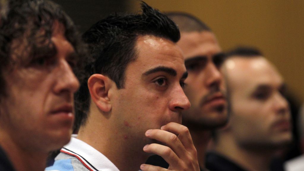 Puyol, Xavi, Valdes e Iniesta, durante la rueda de prensa en la que Pep Guardiola ha aunciado que no seguirá como entrenador del Barça la próxima temporada Puyol, Xavi, Valdes e Iniesta, durante la rueda de prensa en la que Pep Guardiola ha aunciado que no seguirá como entrenador del Barça la próxima temporada
