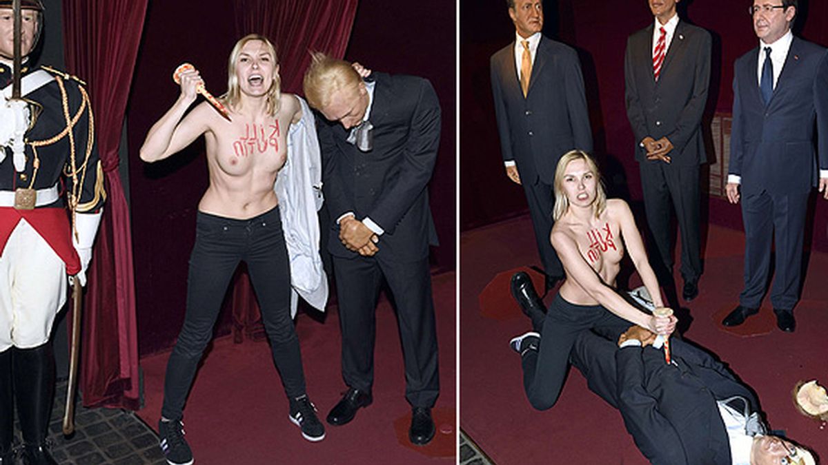 Una activista de Femen ataca la figura de cera de Putin en el Museo de Cera Grevin de París