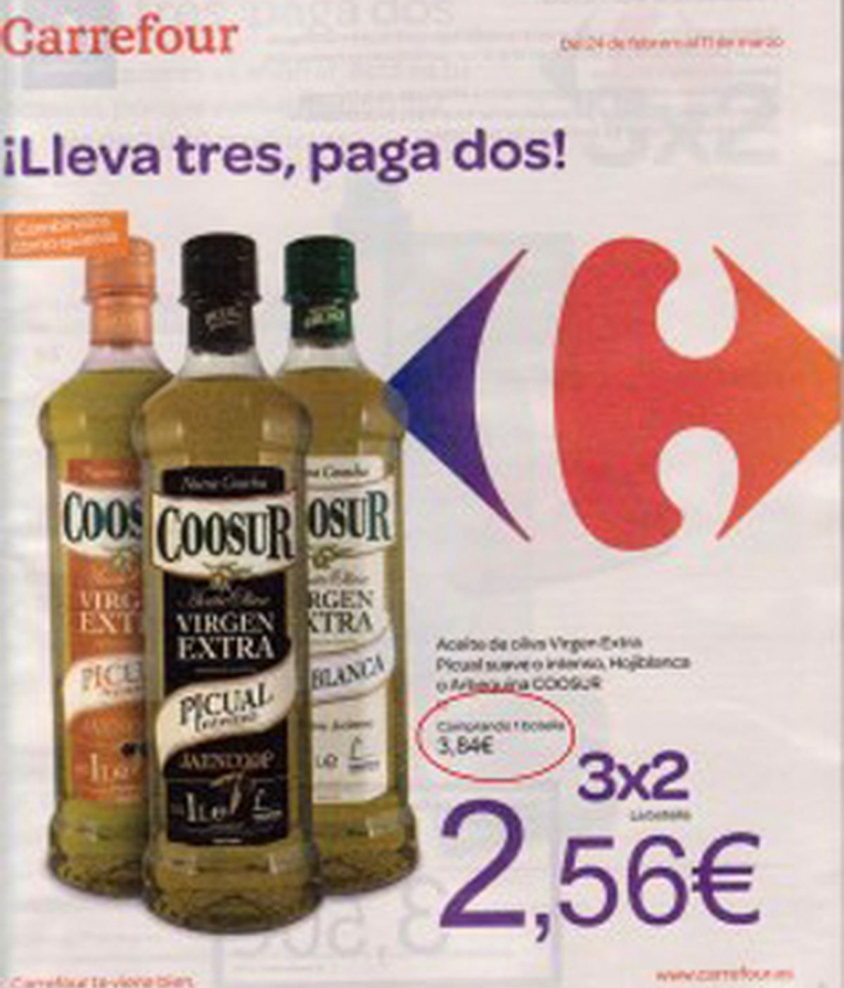 La publicidad de Carrefour presentada por la COAG en la denuncia por supuesta "venta a pérdidas" de aceite de oliva virgen extra de su marca blanca. Foto Blog Vagamundos