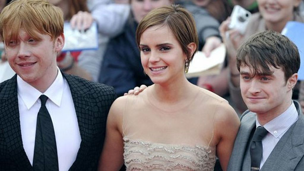 Rupert Grint, Emma Watson y Daniel Radcliffe, durante el estreno