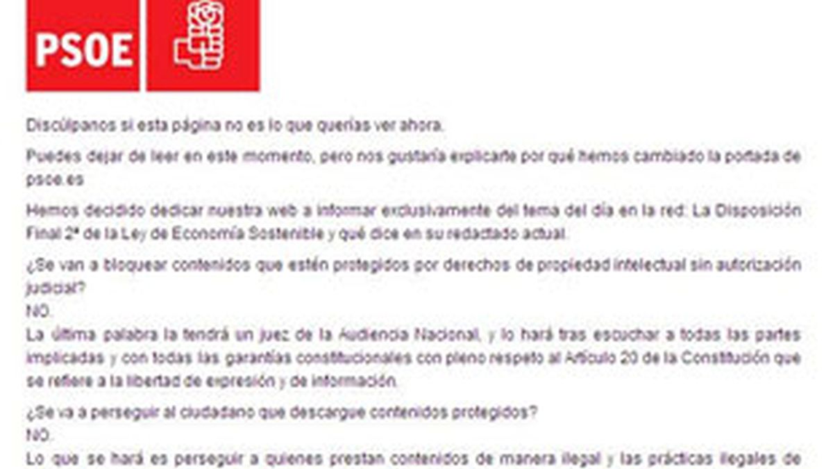 El PSOE cambia su web para explicar la Ley Sinde. Foto: PSOE. El PSOE cambia su web para explicar la Ley Sinde. Foto: PSOE.