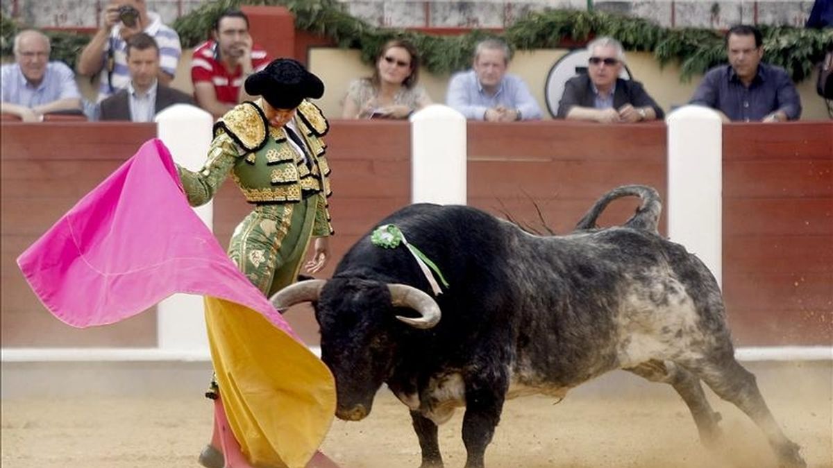 El matador vallisoletano Leandro Marcos torea con el capote durante el primer festejo de la Feria de San Pedro Regalado 2011 que se celebra hoy en Valladolid. EFE