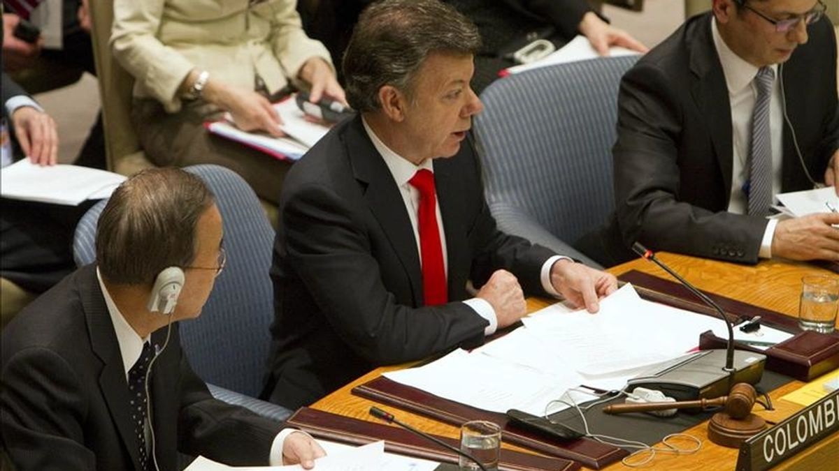 El presidente de Colombia, Juan Manuel Santos (C), preside el debate abierto del Consejo de Seguridad de las Naciones Unidas sobre la situación en Haití. EFE