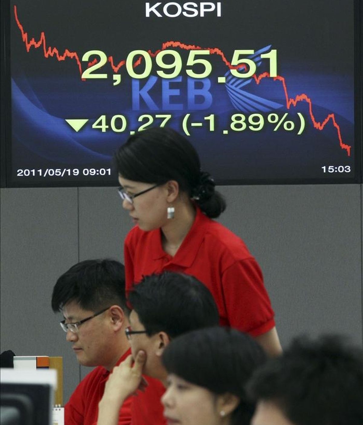 Corredores de bolsa trabajan en el parqué surcoreano bajo una pantalla que muestra los valores del índice Kospi. EFE/Archivo