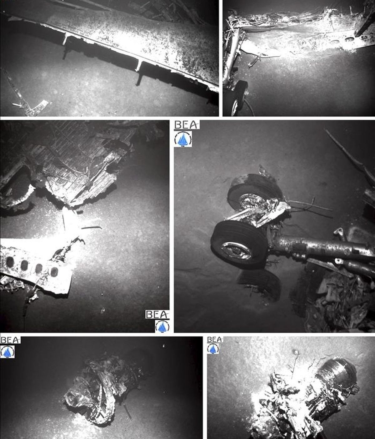 Combo de seis imágenes facilitadas por la Oficina de Investigación y Análisis (BEA) que muestra partes del fuselaje del avión de Air France siniestrado en junio de 2009. EFE/Archivo