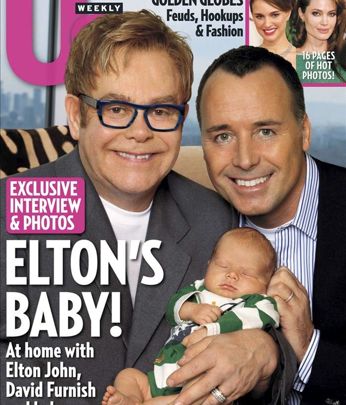 Imagen cedida por US Weekly el pasado jueves 27 de enero, que muestra la portada de la revista en la que el músico británico Elton John y su pareja David Furnish posan con su hijo recientemente adoptado Zachary. EFE/Archivo