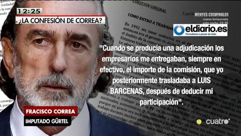 Correa confiesa que cobraba el 3% en nombre de Bárcenas y el PP, según publica Eldiario.es