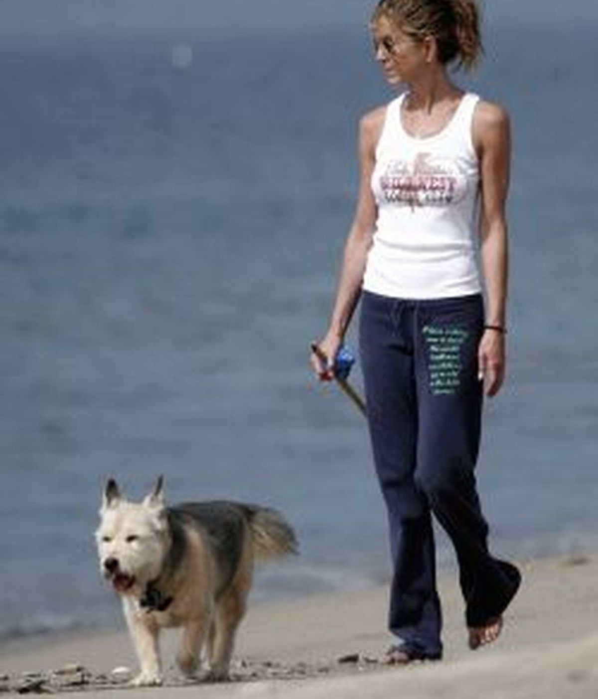 Jennifer Aniston pasea junto al fallecido 'Norman' por una playa de Malibú, California (EEUU). Foto: Gtres.