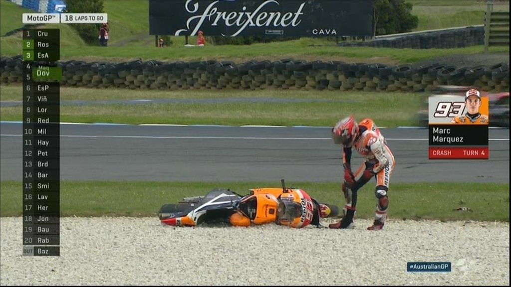 ¡Al suelo! Márquez se cae cuando lideraba en plena remontada de Valentino Rossi