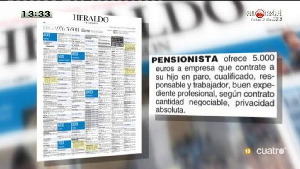Un pensionista ofrece 5.000 euros a la empresa que contrate a su hijo