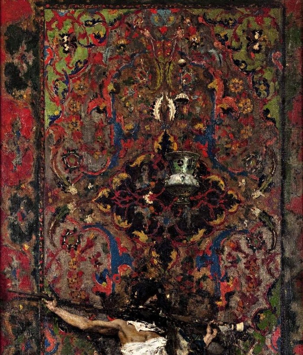 Fotografía facilitada por Sotheby's que muestra pintura de Mariano Fortuny (1838-1874) titulada "Árabe delante de un tapiz", que dobló hoy en esa casa de subastas de Londres, el récord anterior de ese artista español para una obra vendida en subasta. EFE