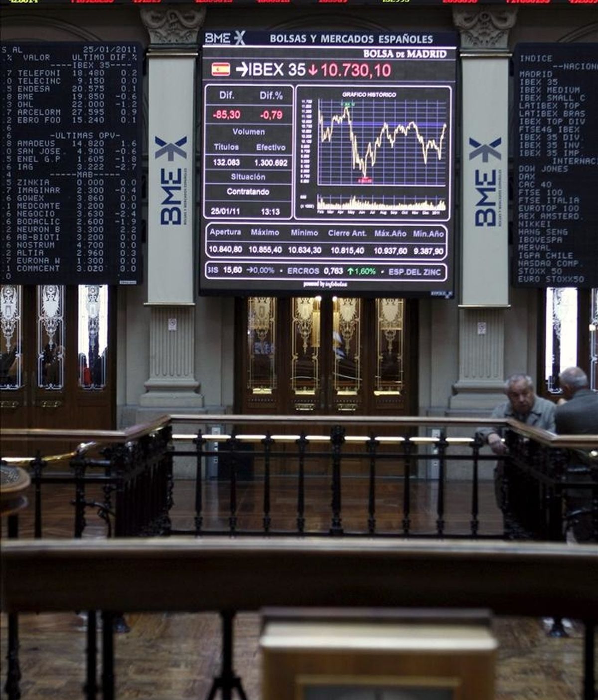 Imagen del interior de la Bolsa de Madrid con una pantalla en la que aparece el principal indicador, el IBEX 35. EFE/Archivo