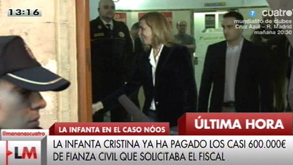 La Infanta Cristina deposita los 587.000 euros que le solicitaba la Fiscalía