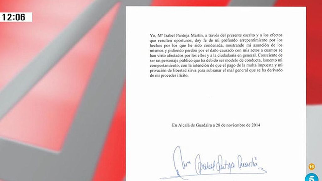 El escrito de arrepentimiento de Pantoja