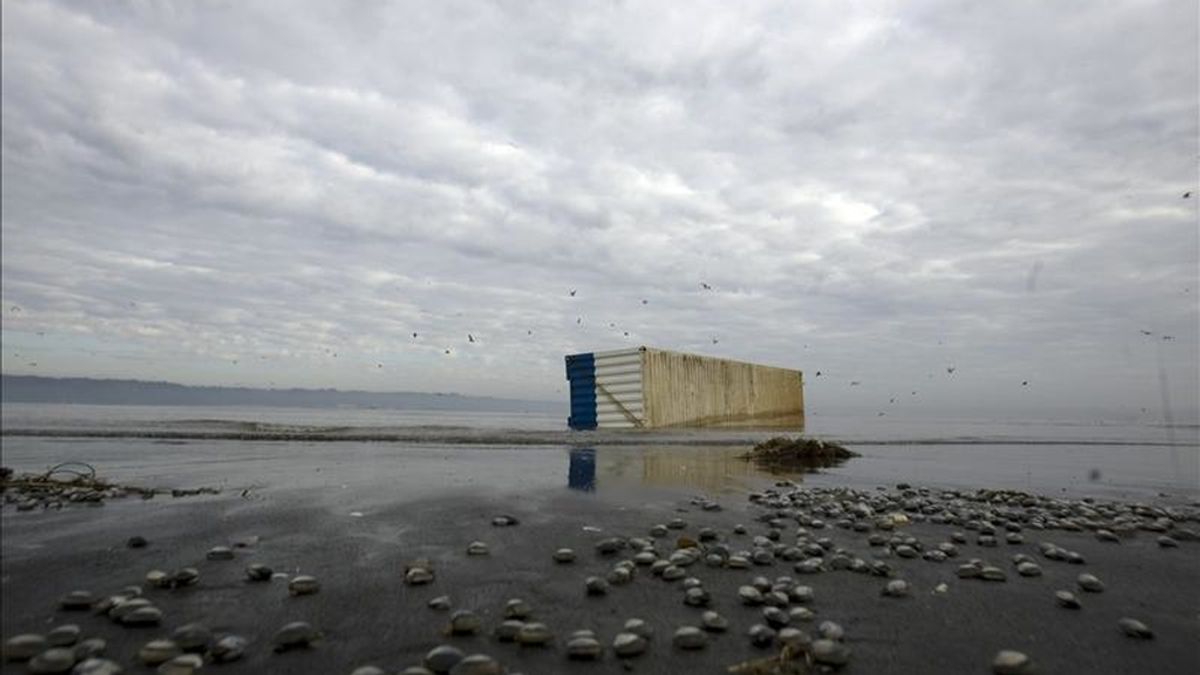 Un contenedor permanece en la orilla de una playa el pasado 3 de marzo de 2010, en Talcahuano, 531 kilómetros al sur de Santiago (Chile), tras el maremoto que sacudió esta ciudad. EFE/Archivo