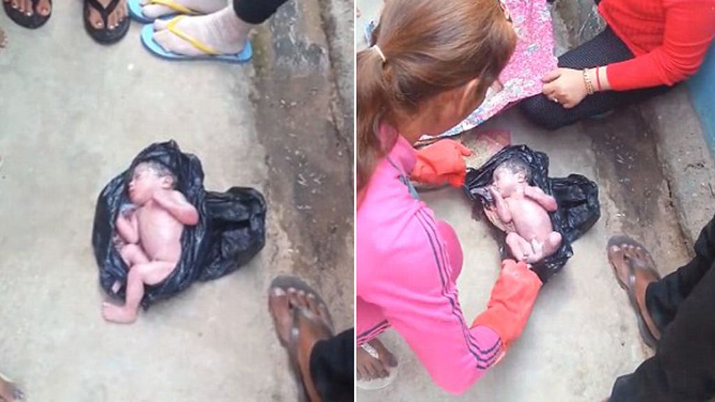 Dramático momento en el que encuentran a un recién nacido vivo en una bolsa de basura