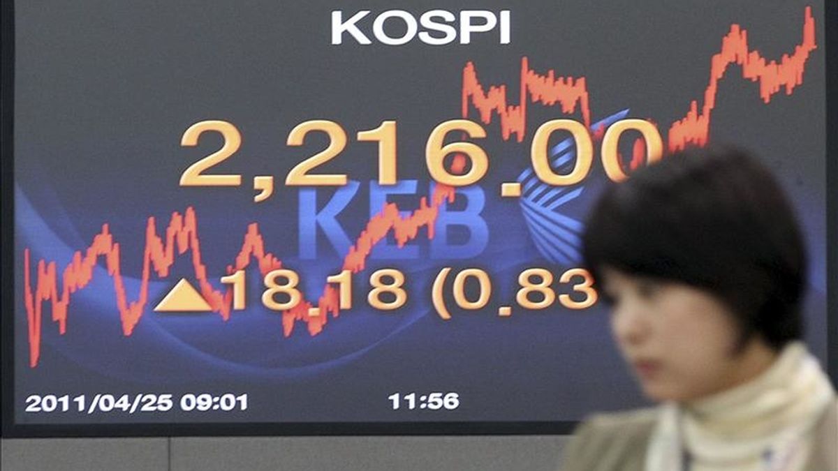 Una mujer pasa delante de una pantalla que muestra el índice Kospi de la Bolsa de Seúl. EFE/Archivo