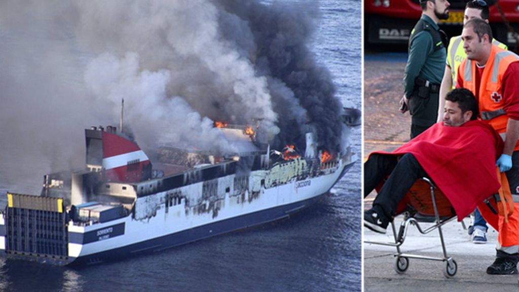 Los buques de salvamento intentan impedir que se hunda el ferry incendiado en Mallorca