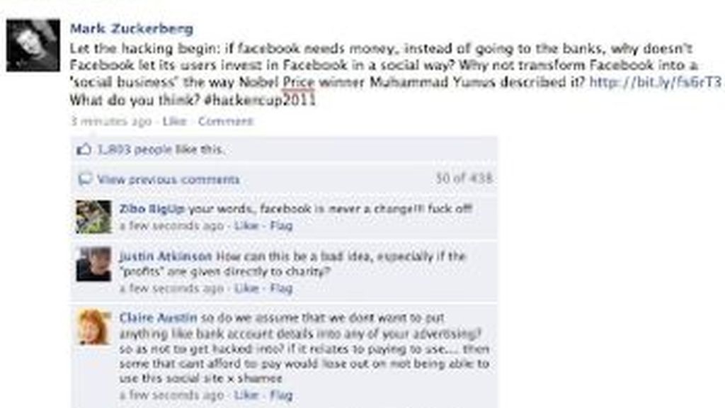 Un hacker se mete en la cuenta de Mark Zuckerberg en Facebook y le deja un mensajito para que cambie el carácter de la red y lo vuelva un negocio social. Foto TechCrunch