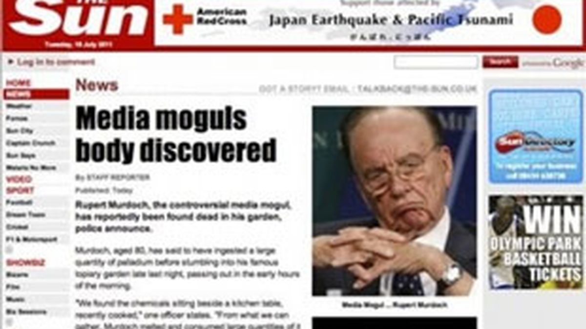 Pantallazo del diario The Sun de la falsa noticia de la muerte de Murdoch. Foto: AP.