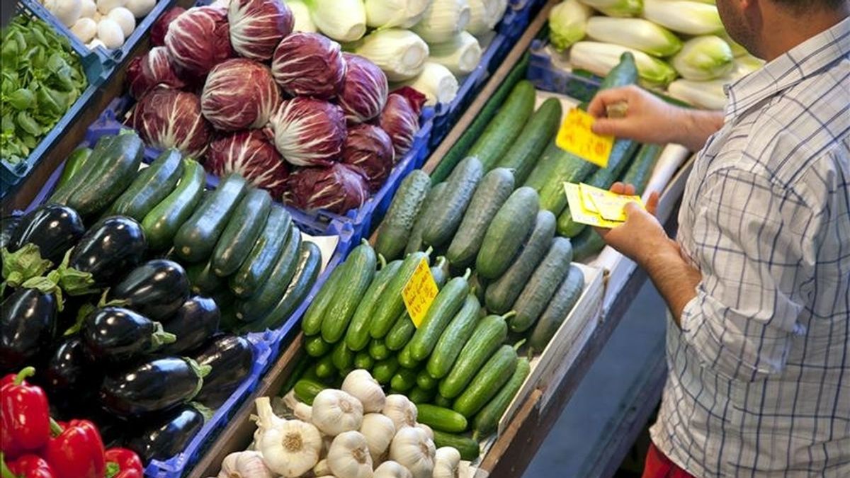 Un empleado etiqueta pepinos en un mercado de Fráncfort (Alemania). EFE