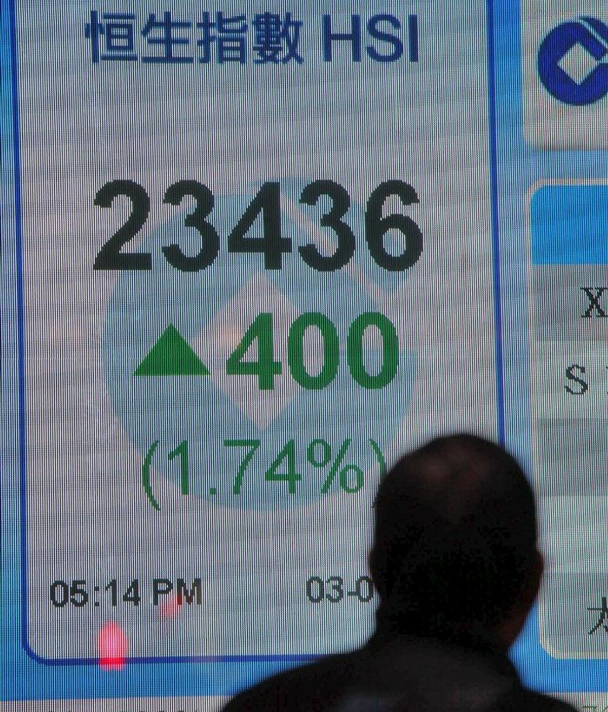 Un hombre camina junto a una pantalla informativa de los valores del índice Hang Seng en un banco en Hong Kong (China). EFE/Archivo