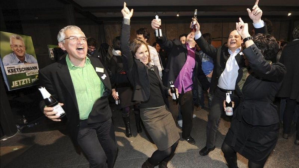 Miembros del partido de los Verdes celebran su victoria en los comicios regionales celebrados el pasado 27 de marzo en los estados federados de Baden-Württemberg y Renania-Palatinado. EFE/Archivo