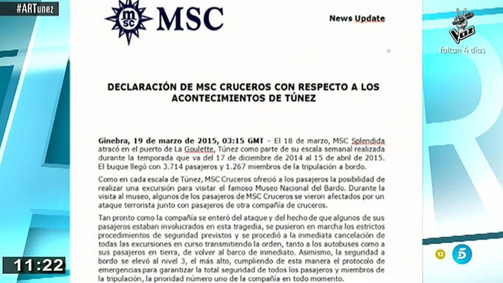 MSC responde a las críticas sobre el trato ofrecido a los pasajeros tras el atentado