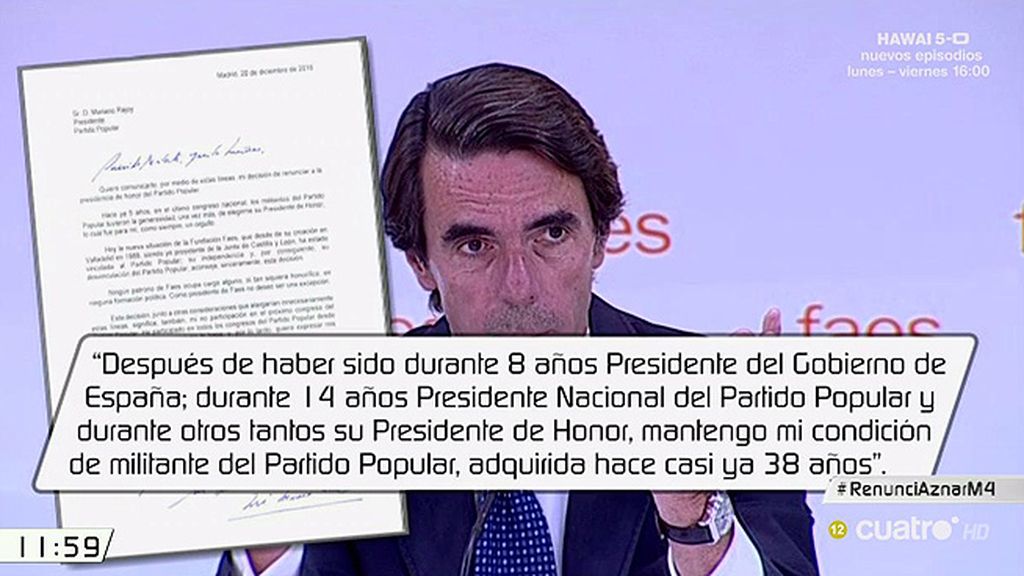 Aznar renuncia a la presidencia de honor del Partido Popular
