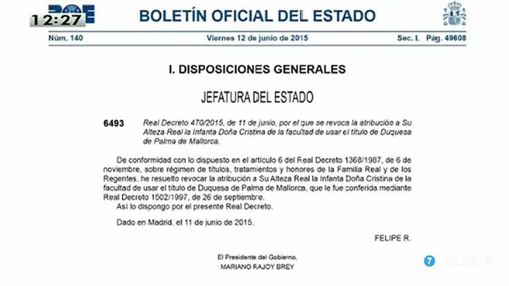 Revocado el Ducado de Palma de la Infanta Cristina