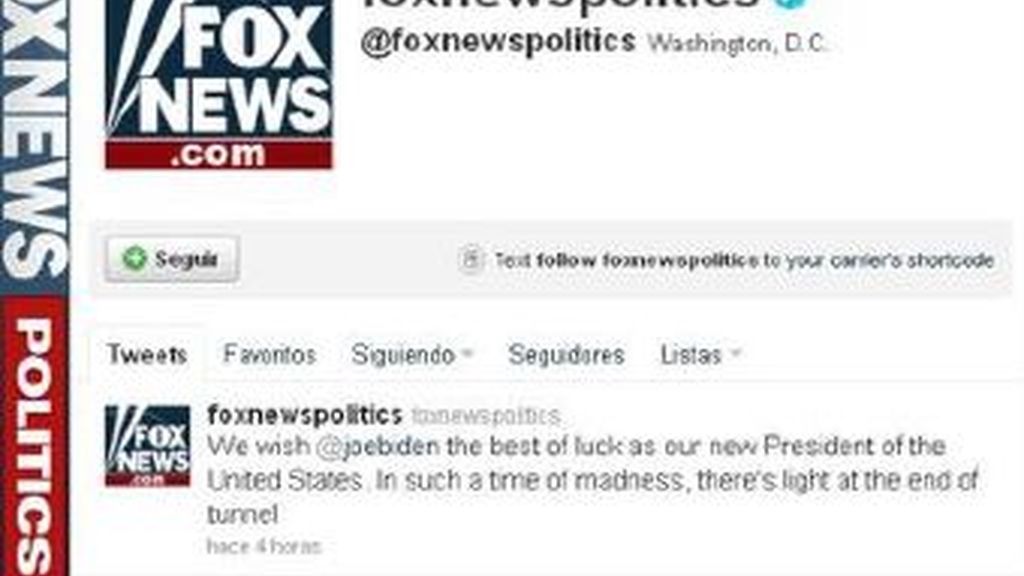 La cuenta de Twitter del canal Fox News ha sido utilizada para distribuir la noticia falsa de la muerte de Obama en tuits publicados en la cuenta oficial de la cadena. La cuenta de Twitter del canal Fox News ha sido utilizada para distribuir la noticia falsa de la muerte de Obama en tuits publicados en la cuenta oficial de la cadena.