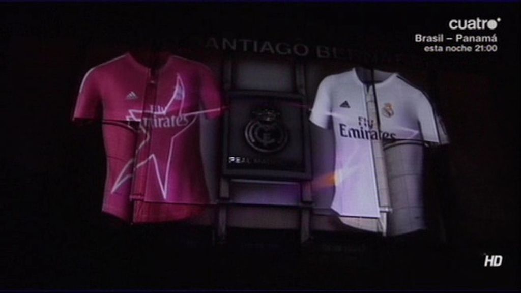 Las nuevas equipaciones del Madrid presentadas en la fachada del Bernabéu