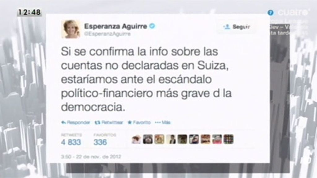 ‘LMDC’ recuperan un tuit de Esperanza Aguirre sobre cuentas en Suiza